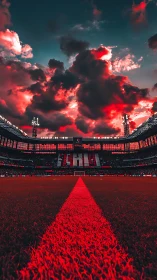 Dramatic football stadium under red storm clouds at dusk.