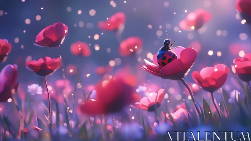 Ladybird rests on stylized pink flower in shallow focus field