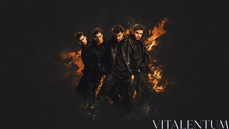 Quadruple male portrait in black jackets with fiery splatter backdrop