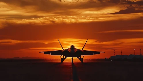 Silhouetted stealth jet aligns on runway centerline at vivid sunset