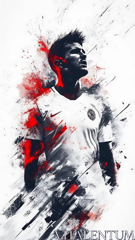 Explosive portrait of soccer player in red and monochrome burst.