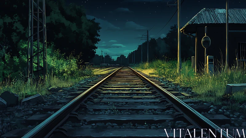 Quiet night railway path glowing under gentle starlight.