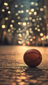 Street-lit basketball rendered with shallow depth and urban bokeh