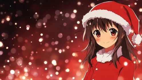 Smiling anime girl wears red Santa coat against bokeh lights