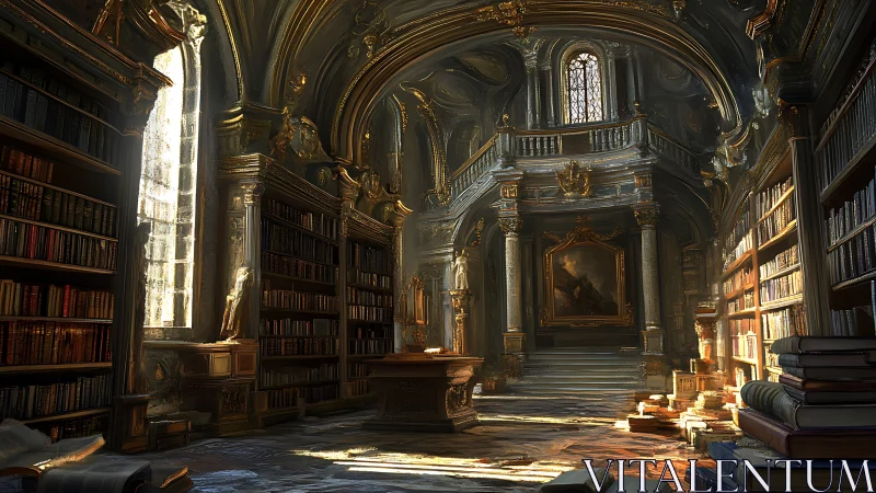 Sunlit cathedral library where dust motes guard legends.
