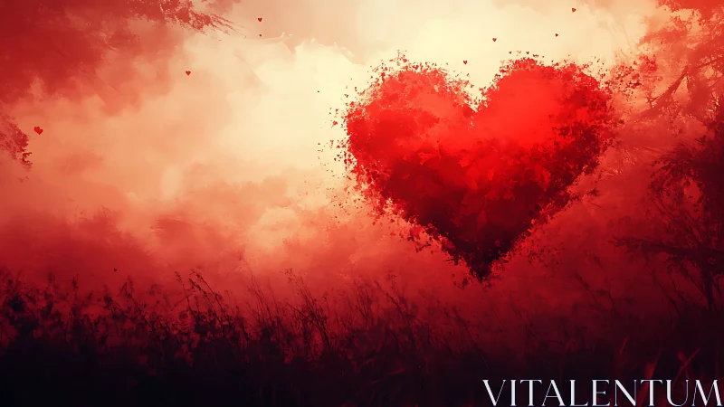 Large red heart rendered in dispersing particles against gradient sky