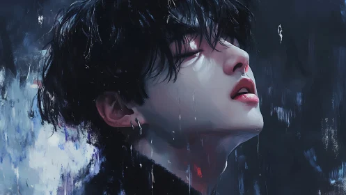 Side profile portrait of young man in stylized rainfall