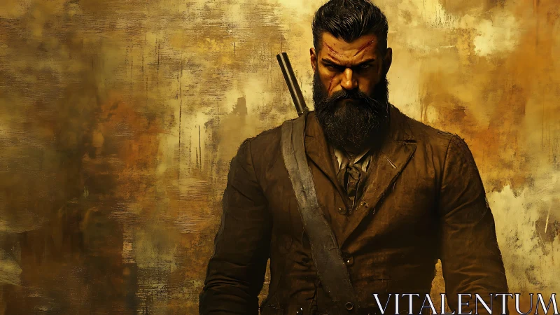 Battle-worn wanderer stands strong against a fiery dusk haze