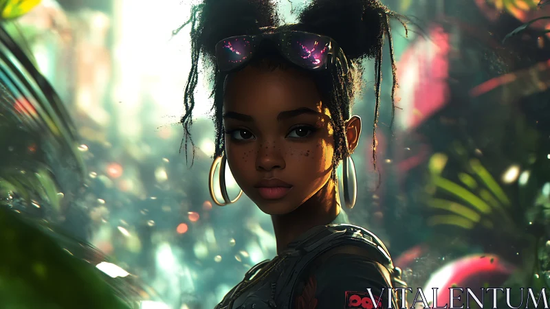 Cyber jungle heroine in golden bokeh-lit foliage portrait.