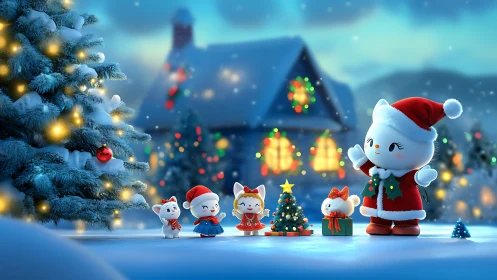 Festive winter cat family decorates miniature Christmas tree.