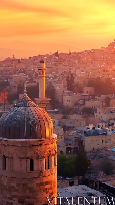 Photorealistic domed minaret against layered desert city sunset.