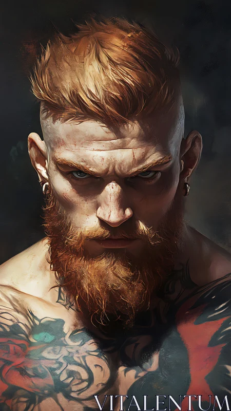 Tattooed red-bearded warrior portrait in harsh light.