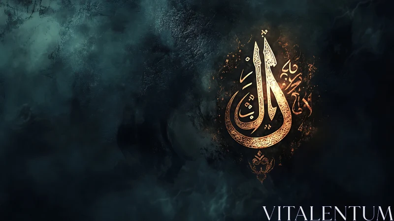 Luminous Arabic calligraphy igniting storm-dark cosmic mist.