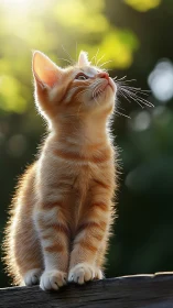 Ginger kitten in golden backlight on wooden fence edge.