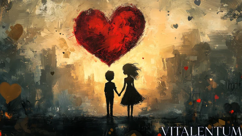 Silhouetted figures with oversized heart symbol in urban setting.