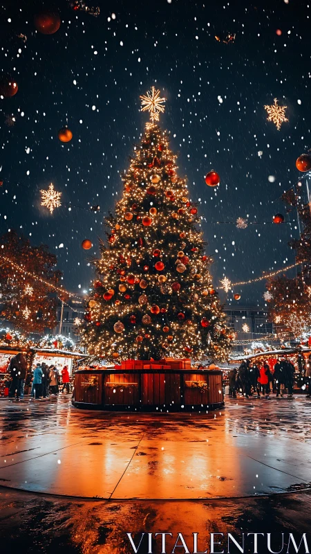 Sparkling Christmas tree glows warmly in a snowy city square