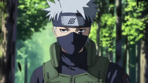 Masked silver-haired ninja in tactical vest in forest light.
