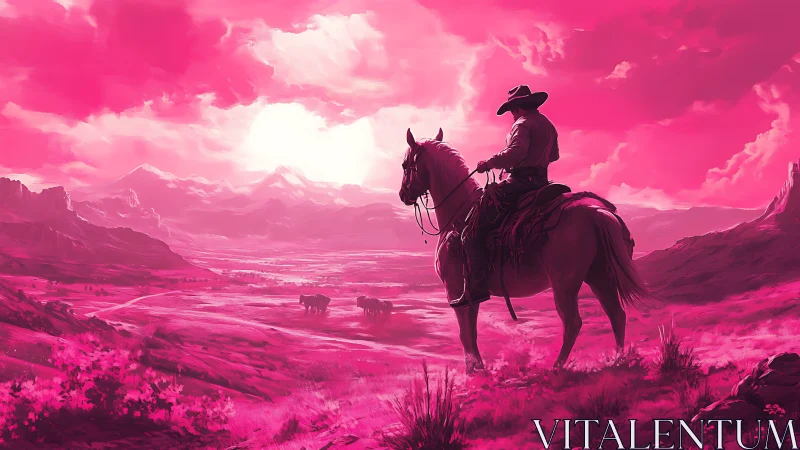 Cowboy on horseback in neon magenta cinematic frontier light.
