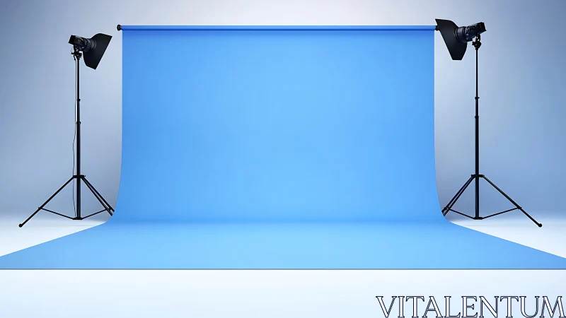 Empty blue sweep backdrop dominates symmetrical studio set