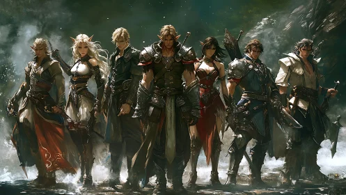 Fantasy warrior formation in misty forest environment.