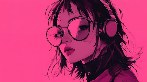 Female figure with headphones and glasses on pink field.