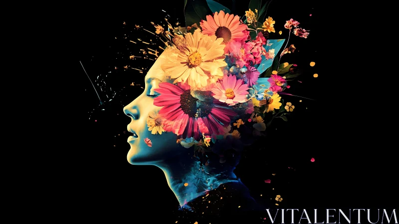 Blooming thoughts flow from a serene, color-splashed mind