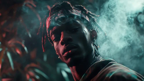 Moody portrait in colored smoke with sharp side lighting.