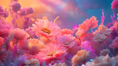 Luminescent Floral Gradient: Pink Gerberas Against Radiant Sunset Backdrop