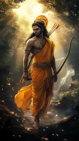 Warrior deity walks through sunlit forest in golden robes.