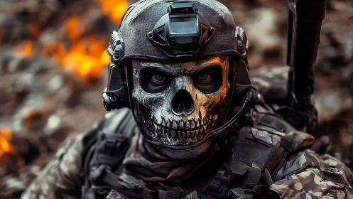 Skull-masked tactical soldier amid flames in battlezone.
