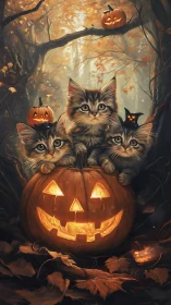 Three Kittens Gather Around a Glowing Jack-O'-Lantern