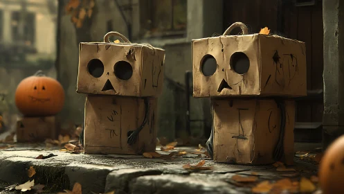 Cardboard box scarecrows sit on stone path in warm bokeh light