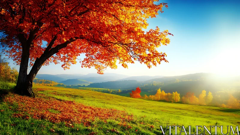 Photorealistic autumn hillside with radiant maple canopy.
