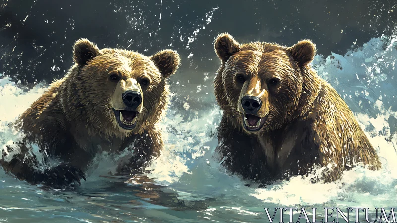 Dynamic twin brown bears in foaming river, digital realism.
