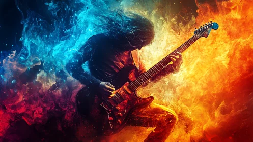 Rock guitarist silhouette framed by blue and orange flames.