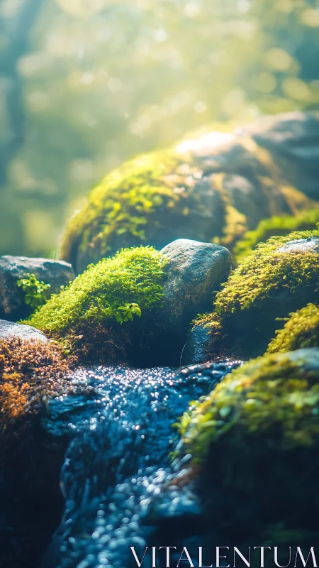 Mossy creek cascade with sunlit bokeh and shallow depth of field.