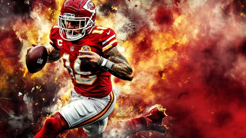 Explosive football runner charging through fiery colors.