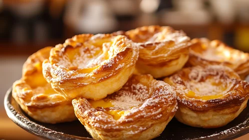 Golden custard tarts crowned in powdered sugar glow.