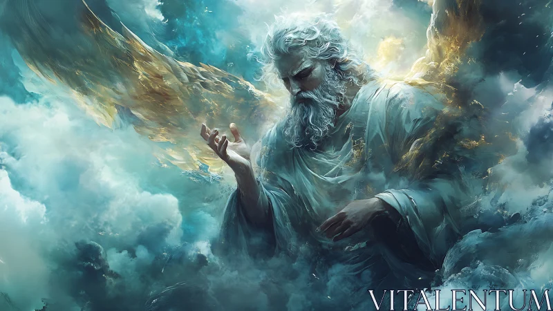Ancient celestial figure emerges from swirling storm clouds.