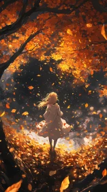 Golden leaves whirl around a lone dreamer at dusk.