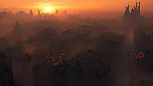 Sunset haze bathes distant cathedral over dense city