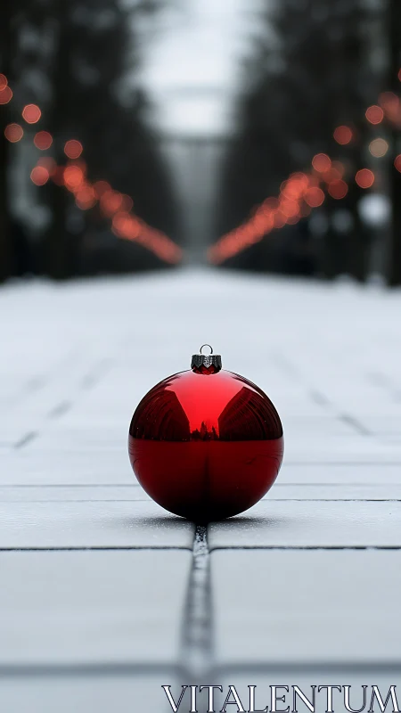 Red Christmas ornament rests centered on snowy pathway