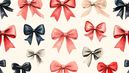 Patterned arrangement of red, blue and beige ribbon bows.