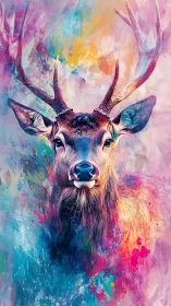 Vibrant stag portrait in expressive multicolor digital painting.