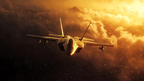 Stealth fighter jet cutting through storm-lit golden clouds.