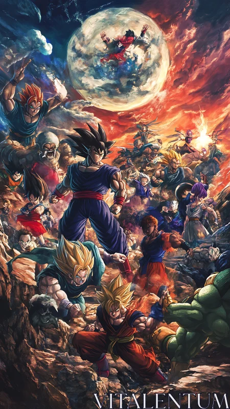 Epic anime warriors surge forward beneath a blazing cosmic sky