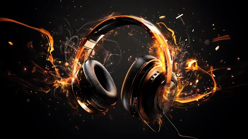 Over-ear headphones with orange light trails on black field.