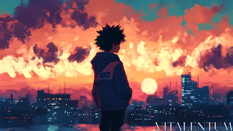 Quiet sunset watcher overlooking a glowing city skyline.