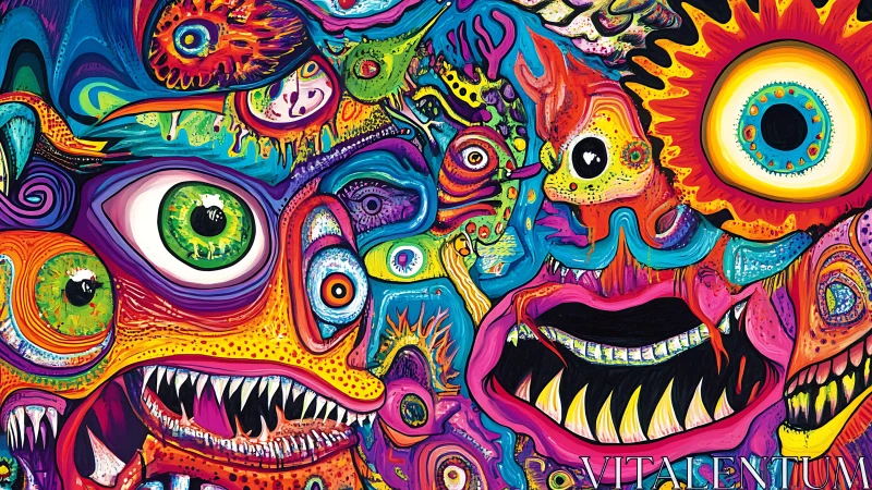 Psychedelic monster visages collide in dense chromatic abstraction