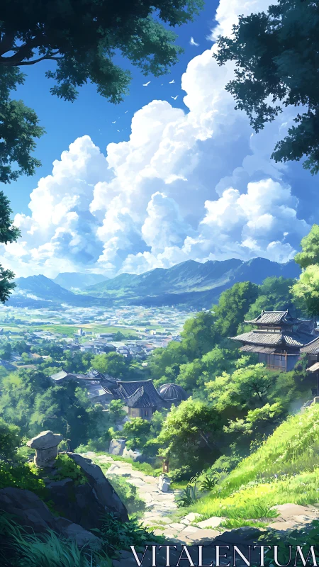 Sunlit hillside village overlooks expansive rural valley